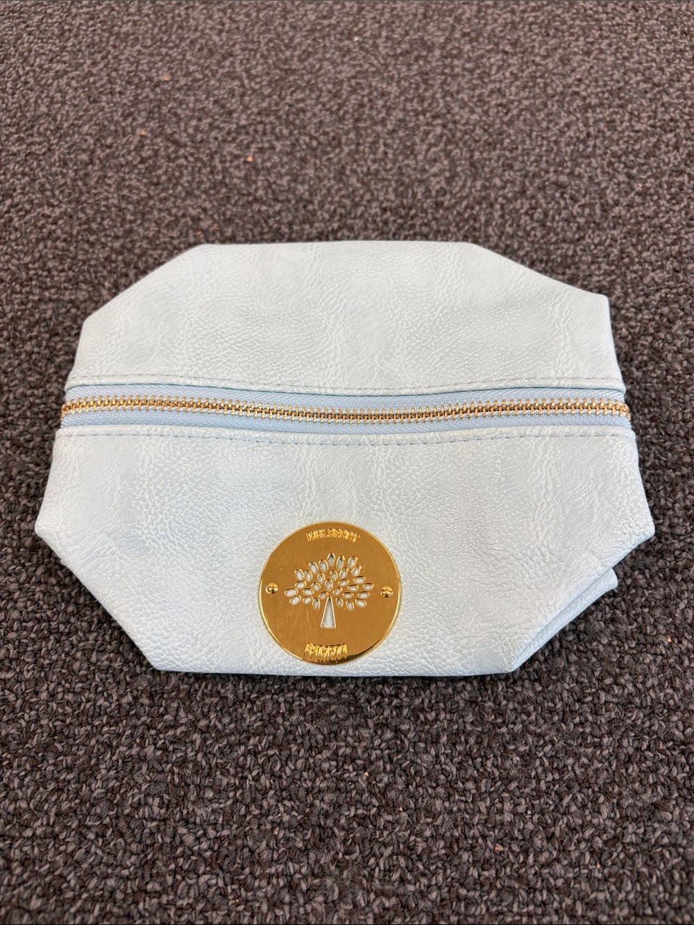 Mulberry Sky Blue Leather Cosmetic Case with Gold Tree Medallion